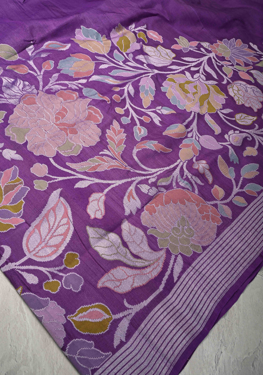 Exquisite Purple Banarasi Tussar Georgette Saree with Brush Dye Floral Design and Zari Temple Border | SILK MARK CERTIFIED
