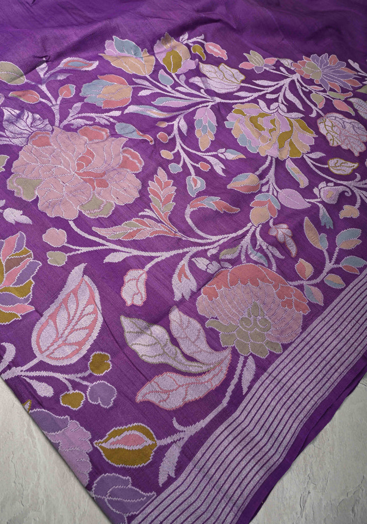 Exquisite Purple Banarasi Tussar Georgette Saree with Brush Dye Floral Design and Zari Temple Border | SILK MARK CERTIFIED