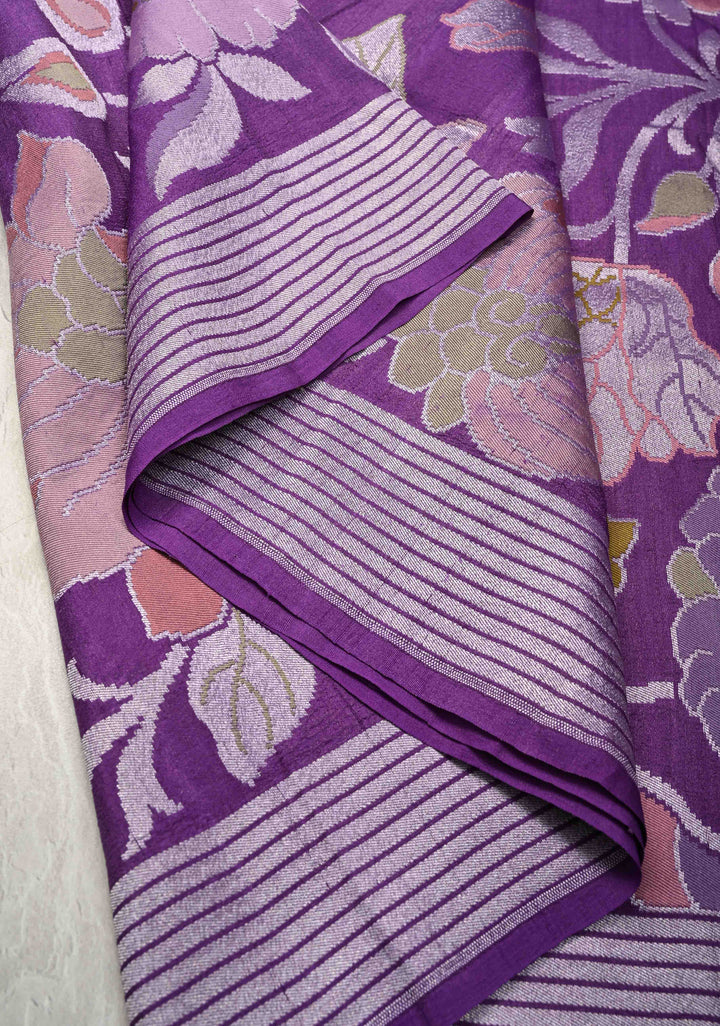 Exquisite Purple Banarasi Tussar Georgette Saree with Brush Dye Floral Design and Zari Temple Border | SILK MARK CERTIFIED