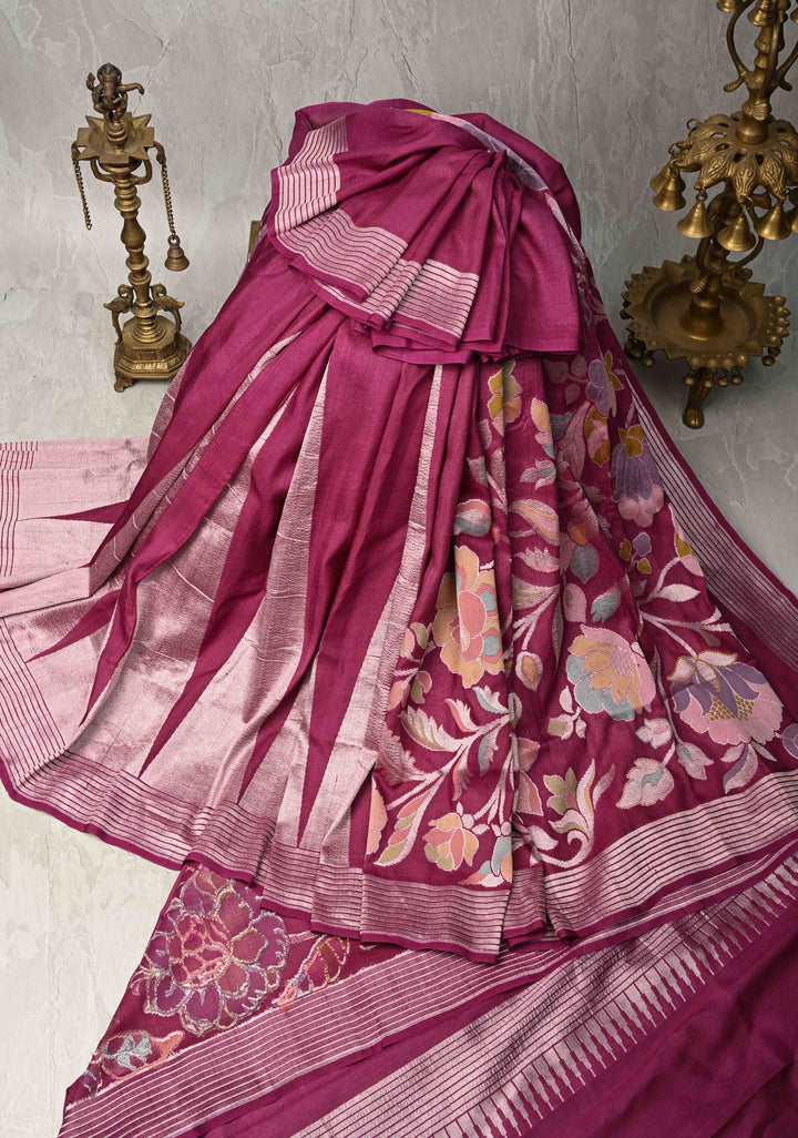 Exquisite Magenta Banarasi Tussar Georgette Saree with Brush Dye Floral Design and Zari Temple Border | SILK MARK CERTIFIED