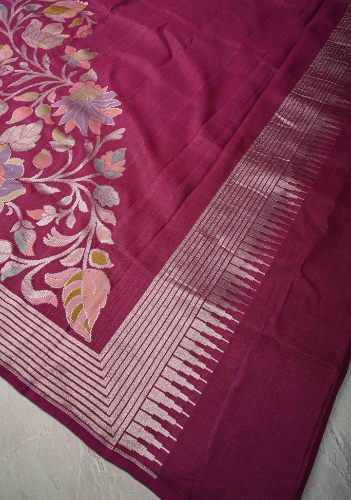 Exquisite Magenta Banarasi Tussar Georgette Saree with Brush Dye Floral Design and Zari Temple Border | SILK MARK CERTIFIED