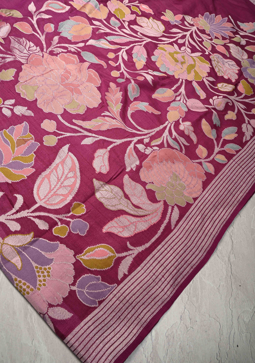 Exquisite Magenta Banarasi Tussar Georgette Saree with Brush Dye Floral Design and Zari Temple Border | SILK MARK CERTIFIED