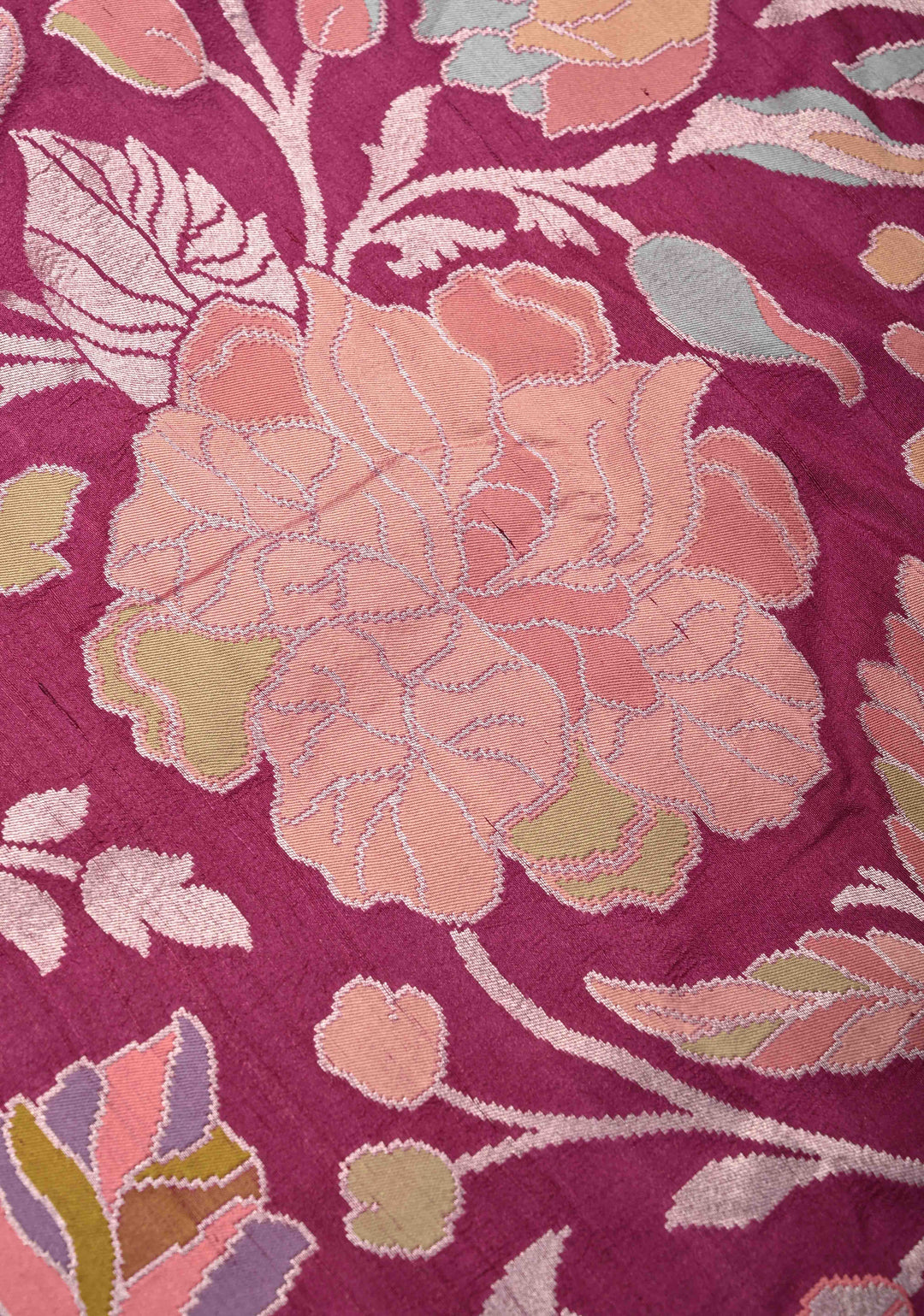 Exquisite Magenta Banarasi Tussar Georgette Saree with Brush Dye Floral Design and Zari Temple Border | SILK MARK CERTIFIED