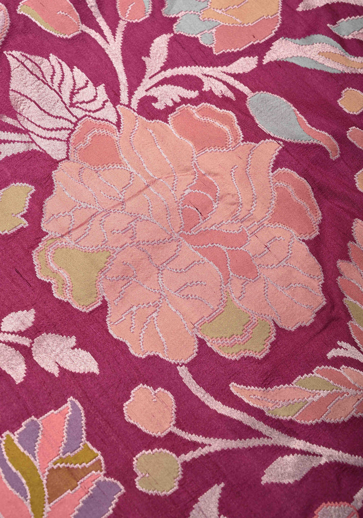 Exquisite Magenta Banarasi Tussar Georgette Saree with Brush Dye Floral Design and Zari Temple Border | SILK MARK CERTIFIED