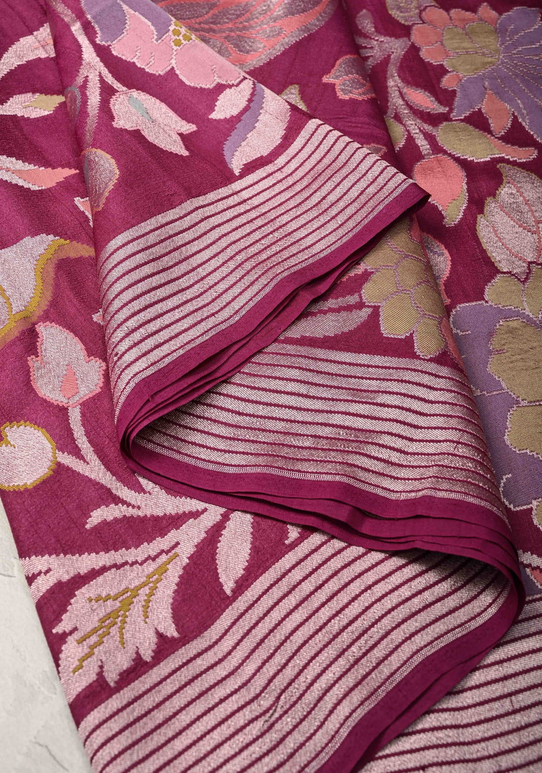 Exquisite Magenta Banarasi Tussar Georgette Saree with Brush Dye Floral Design and Zari Temple Border | SILK MARK CERTIFIED
