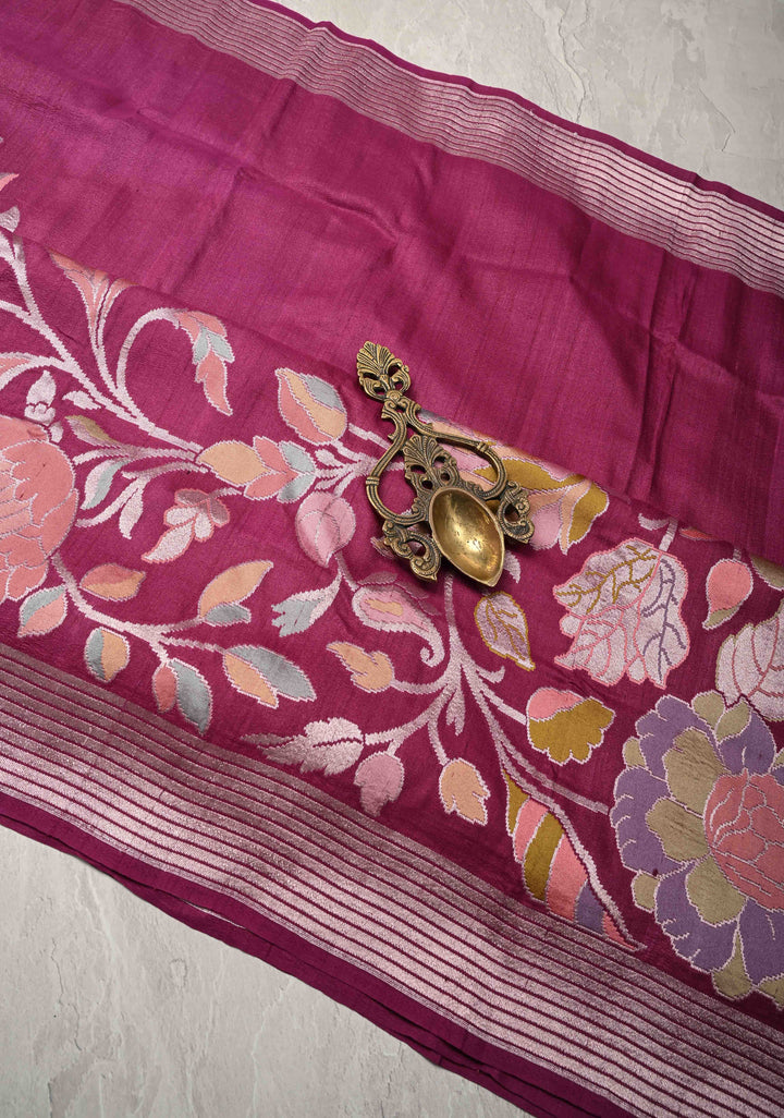 Exquisite Magenta Banarasi Tussar Georgette Saree with Brush Dye Floral Design and Zari Temple Border | SILK MARK CERTIFIED