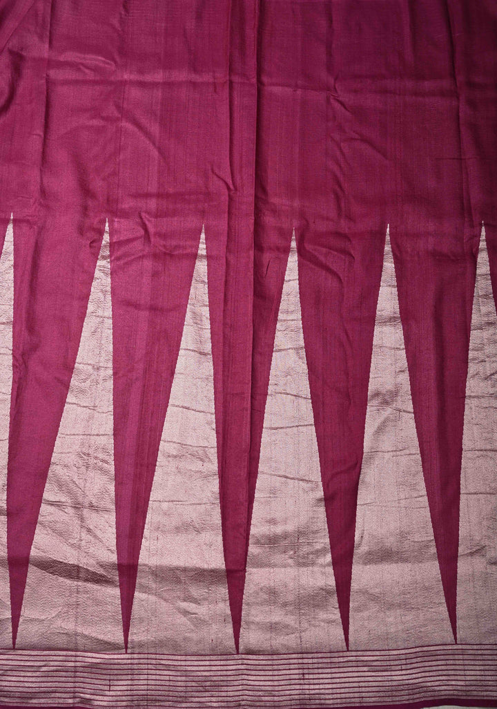 Exquisite Magenta Banarasi Tussar Georgette Saree with Brush Dye Floral Design and Zari Temple Border | SILK MARK CERTIFIED