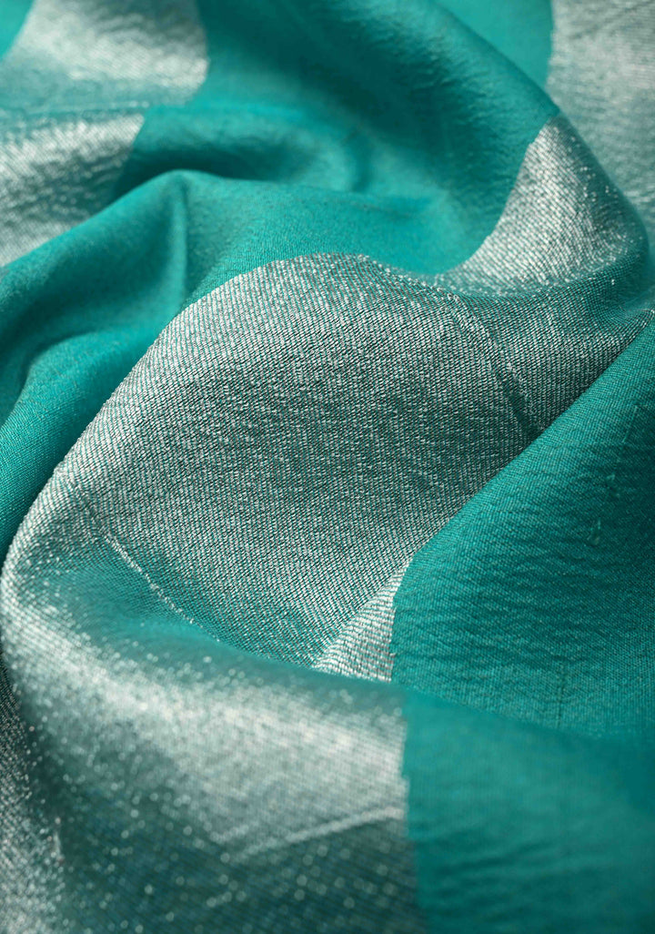 Exquisite Turquoise Banarasi Tussar Georgette Saree with Brush Dye Floral Design and Zari Temple Border | SILK MARK CERTIFIED