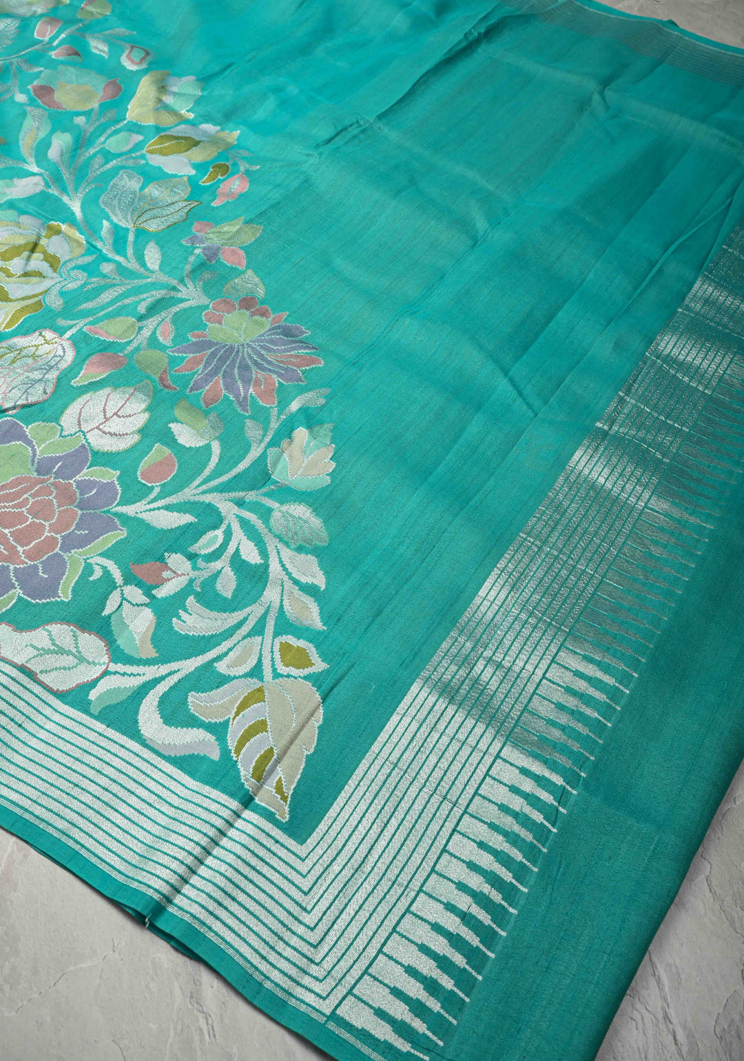 Exquisite Turquoise Banarasi Tussar Georgette Saree with Brush Dye Floral Design and Zari Temple Border | SILK MARK CERTIFIED
