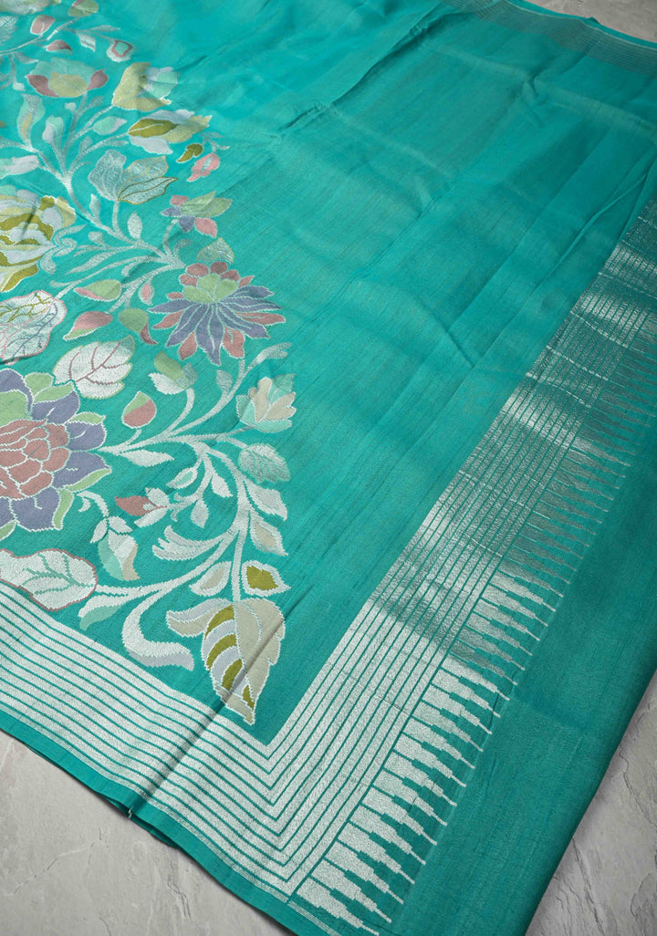 Exquisite Turquoise Banarasi Tussar Georgette Saree with Brush Dye Floral Design and Zari Temple Border | SILK MARK CERTIFIED