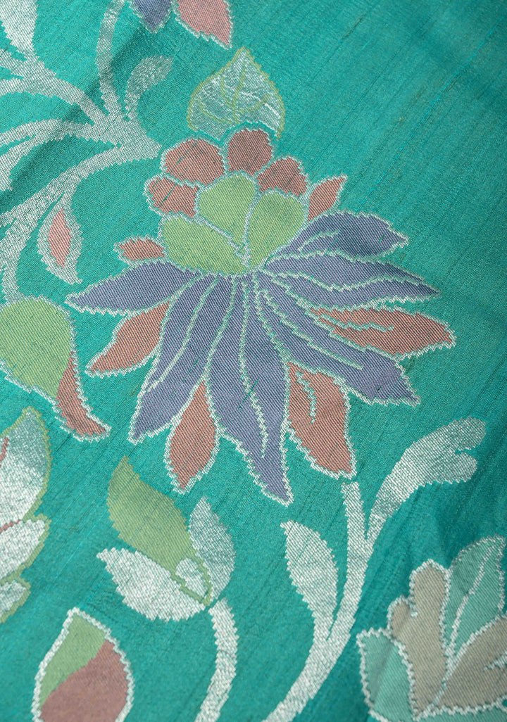 Exquisite Turquoise Banarasi Tussar Georgette Saree with Brush Dye Floral Design and Zari Temple Border | SILK MARK CERTIFIED