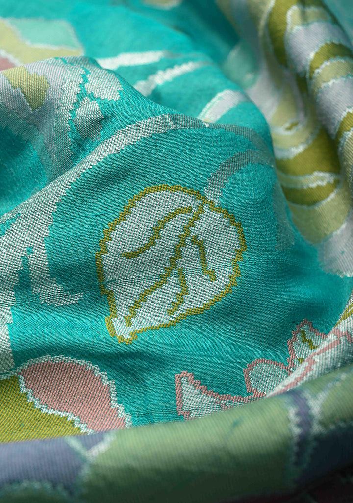 Exquisite Turquoise Banarasi Tussar Georgette Saree with Brush Dye Floral Design and Zari Temple Border | SILK MARK CERTIFIED