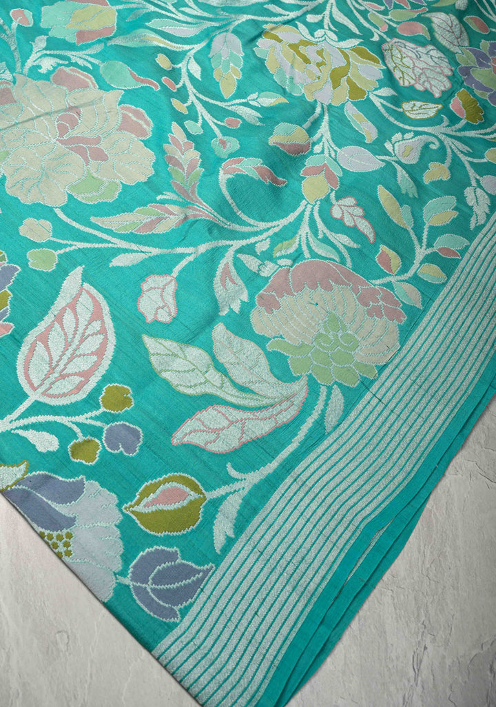 Exquisite Turquoise Banarasi Tussar Georgette Saree with Brush Dye Floral Design and Zari Temple Border | SILK MARK CERTIFIED