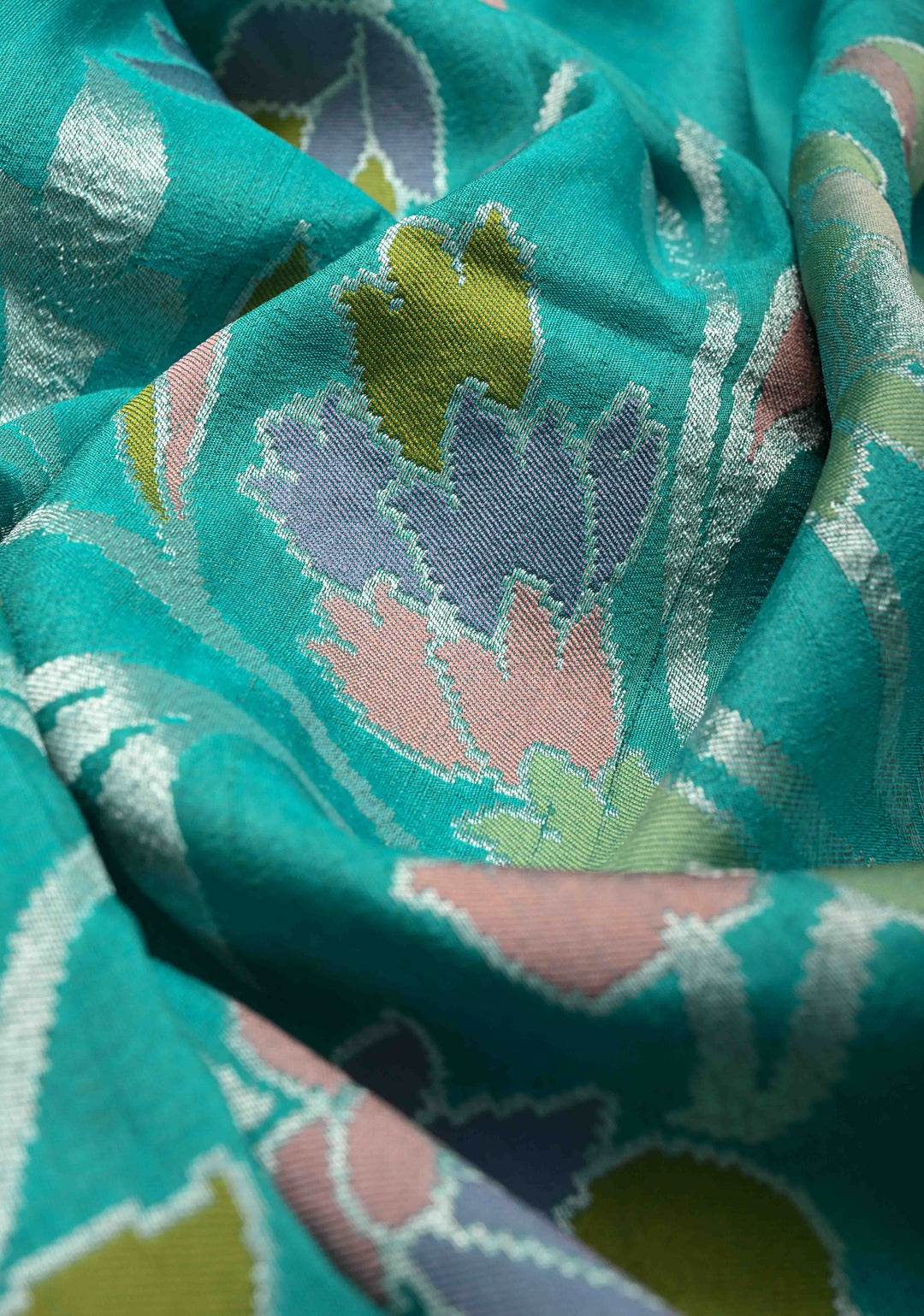 Exquisite Turquoise Banarasi Tussar Georgette Saree with Brush Dye Floral Design and Zari Temple Border | SILK MARK CERTIFIED