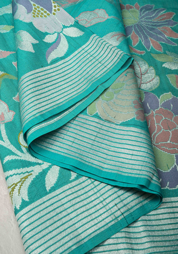 Exquisite Turquoise Banarasi Tussar Georgette Saree with Brush Dye Floral Design and Zari Temple Border | SILK MARK CERTIFIED