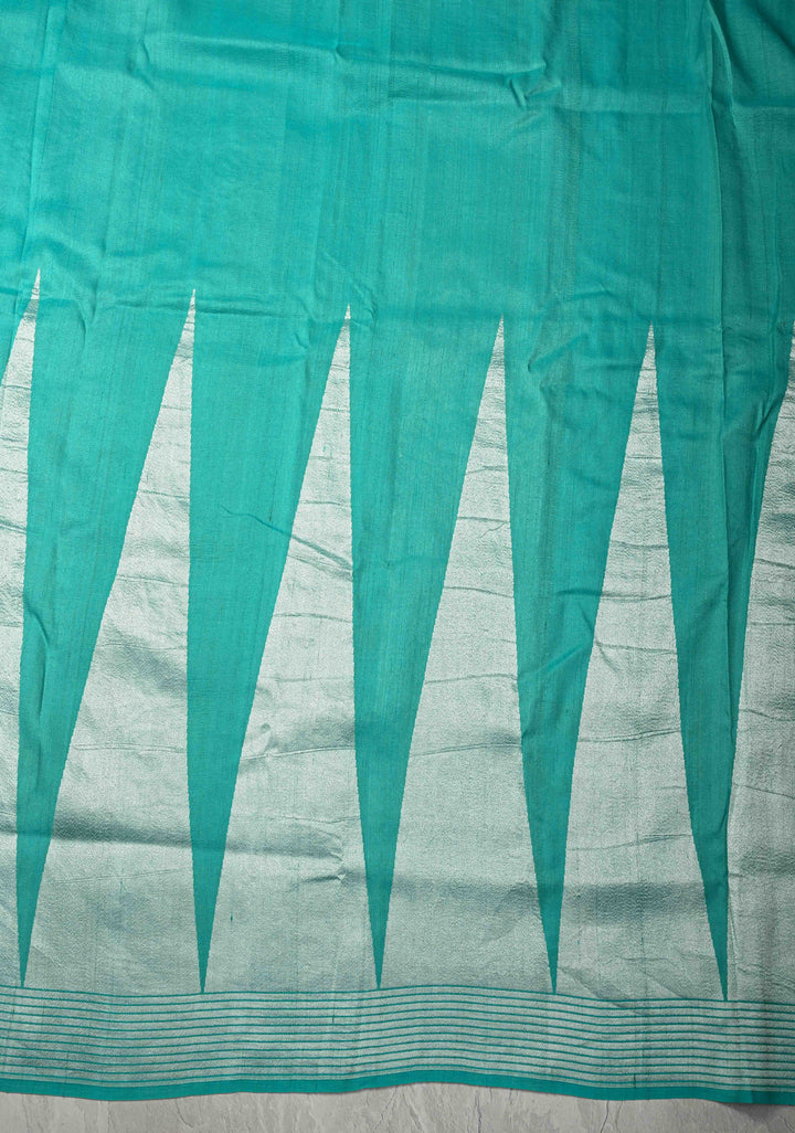 Exquisite Turquoise Banarasi Tussar Georgette Saree with Brush Dye Floral Design and Zari Temple Border | SILK MARK CERTIFIED