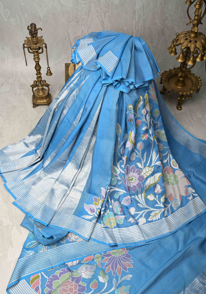 Exquisite Azure Blue Banarasi Tussar Georgette Saree with Brush Dye Floral Design and Zari Temple Border | SILK MARK CERTIFIED