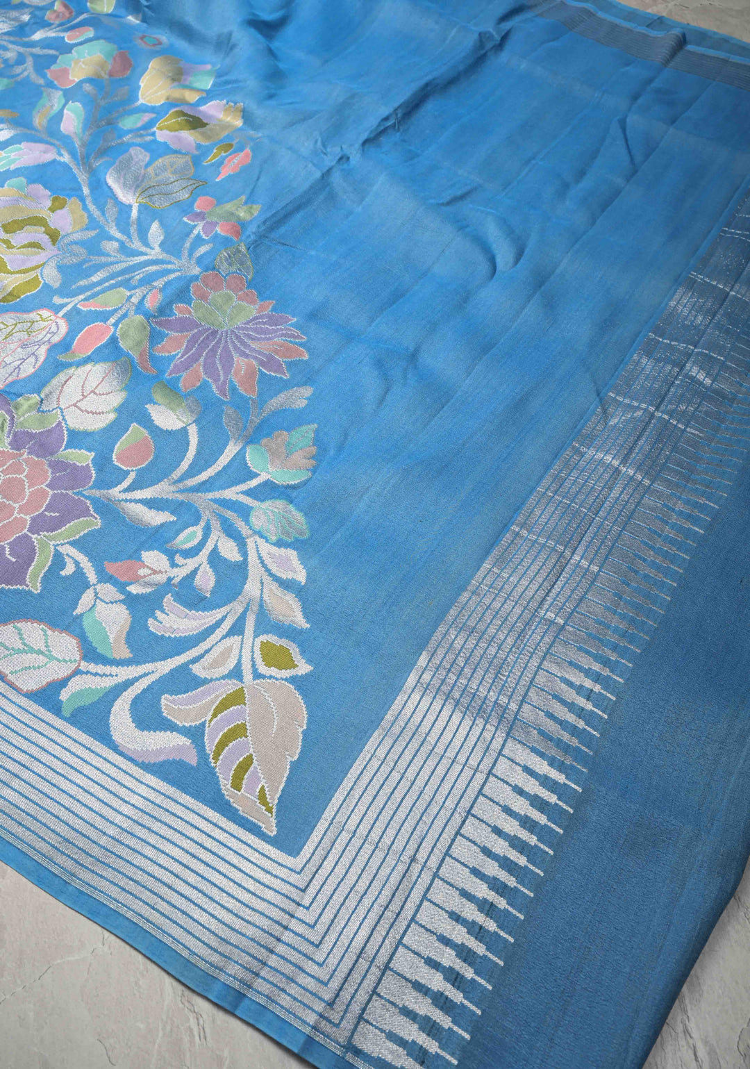 Exquisite Azure Blue Banarasi Tussar Georgette Saree with Brush Dye Floral Design and Zari Temple Border | SILK MARK CERTIFIED