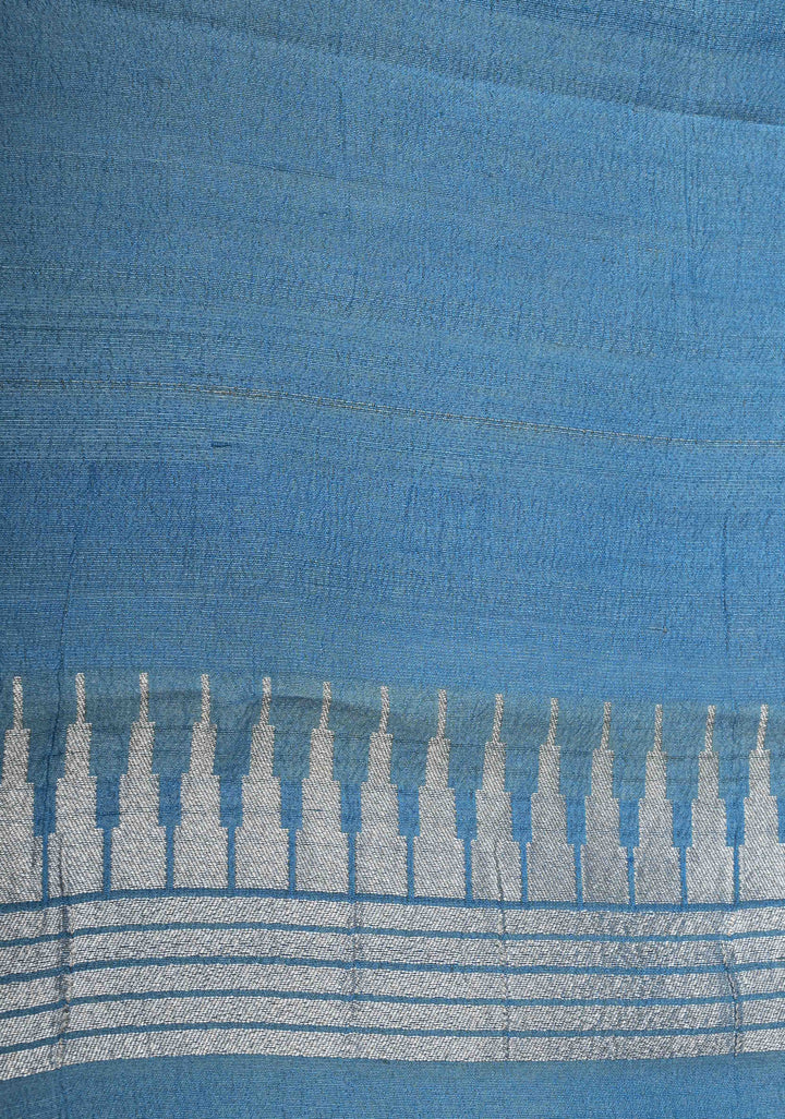 Exquisite Azure Blue Banarasi Tussar Georgette Saree with Brush Dye Floral Design and Zari Temple Border | SILK MARK CERTIFIED