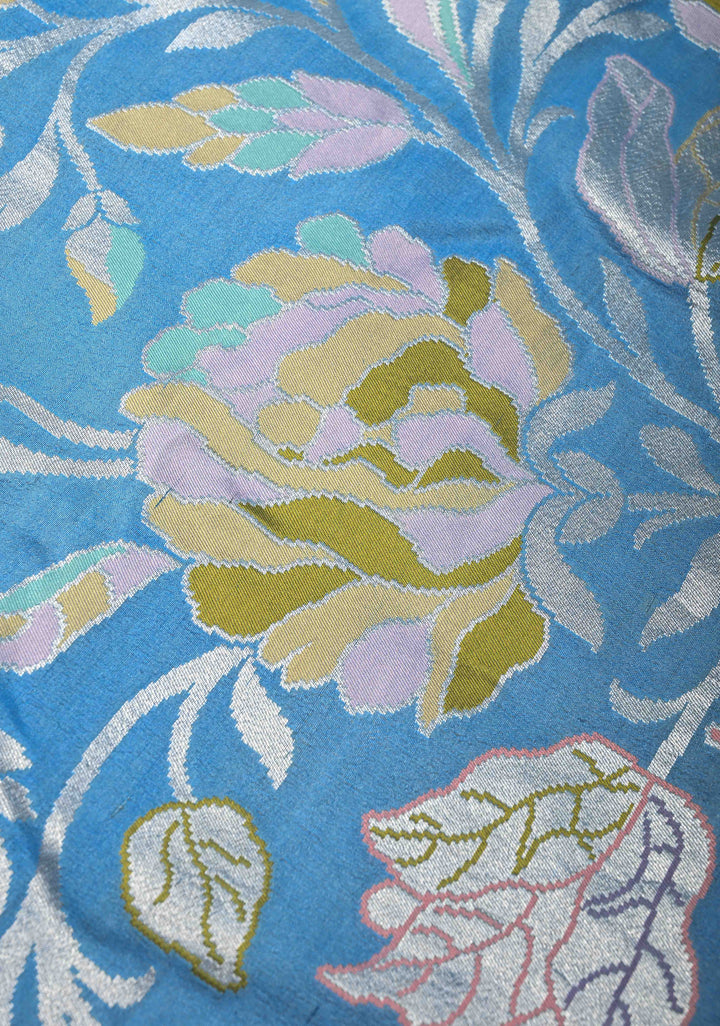 Exquisite Azure Blue Banarasi Tussar Georgette Saree with Brush Dye Floral Design and Zari Temple Border | SILK MARK CERTIFIED