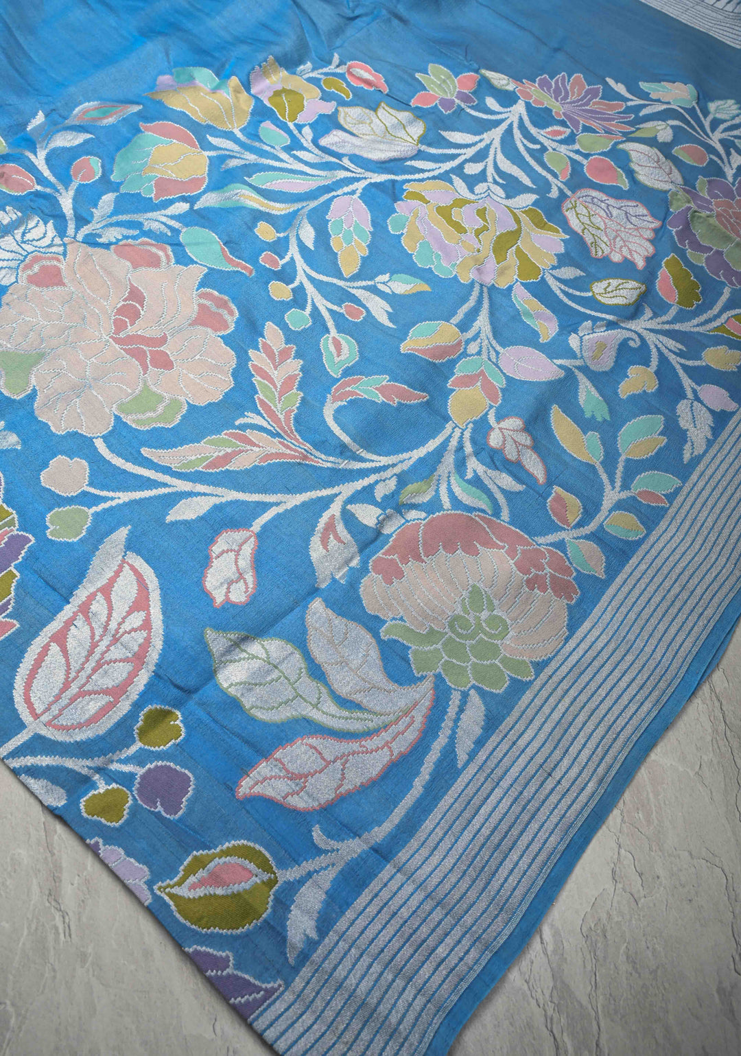 Exquisite Azure Blue Banarasi Tussar Georgette Saree with Brush Dye Floral Design and Zari Temple Border | SILK MARK CERTIFIED