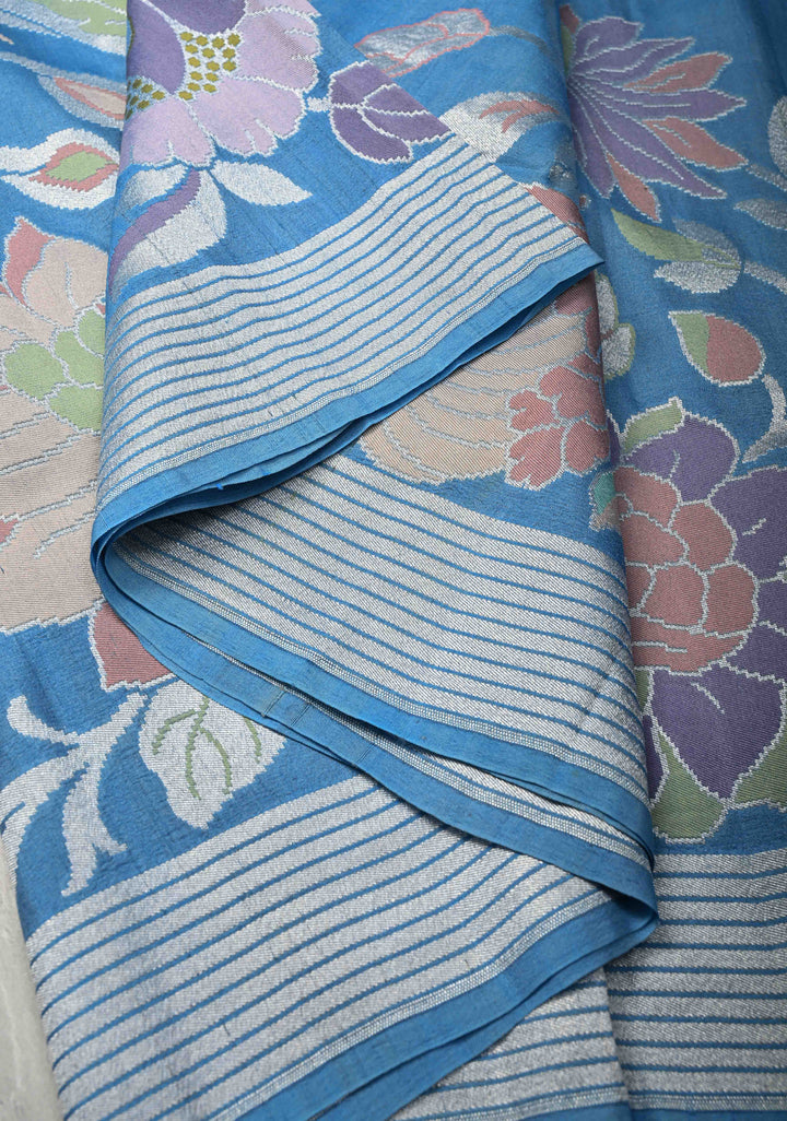 Exquisite Azure Blue Banarasi Tussar Georgette Saree with Brush Dye Floral Design and Zari Temple Border | SILK MARK CERTIFIED