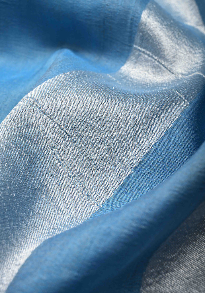 Exquisite Azure Blue Banarasi Tussar Georgette Saree with Brush Dye Floral Design and Zari Temple Border | SILK MARK CERTIFIED