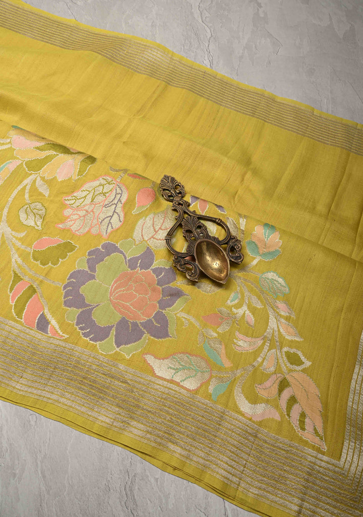 Exquisite Moss Green Banarasi Tussar Georgette Saree with Brush Dye Floral Design and Zari Temple Border | SILK MARK CERTIFIED