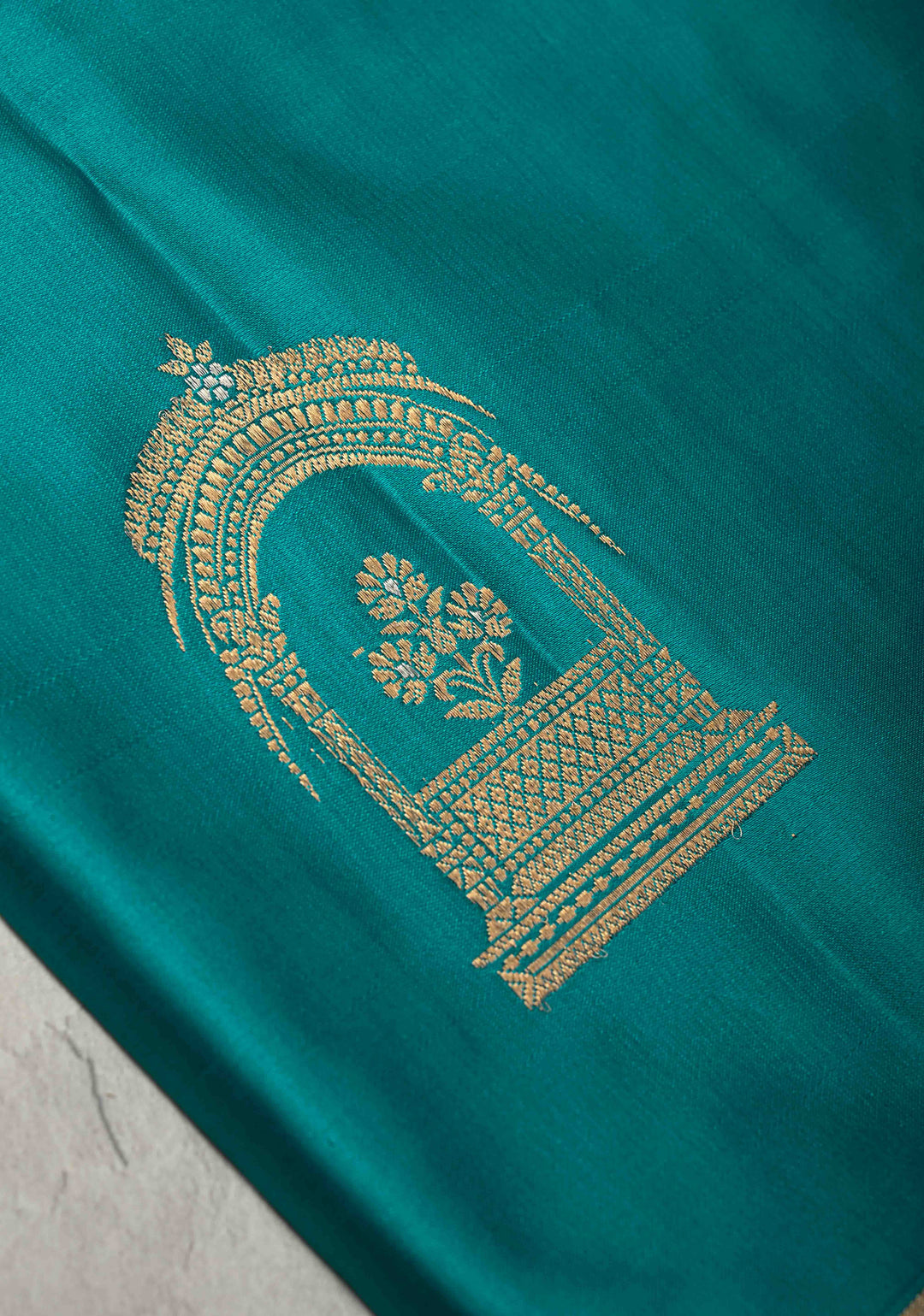 Aqua Blue Banarasi Mashru Silk Saree with Arches Buttas and Minimal Zari Border | SILK MARK CERTIFIED