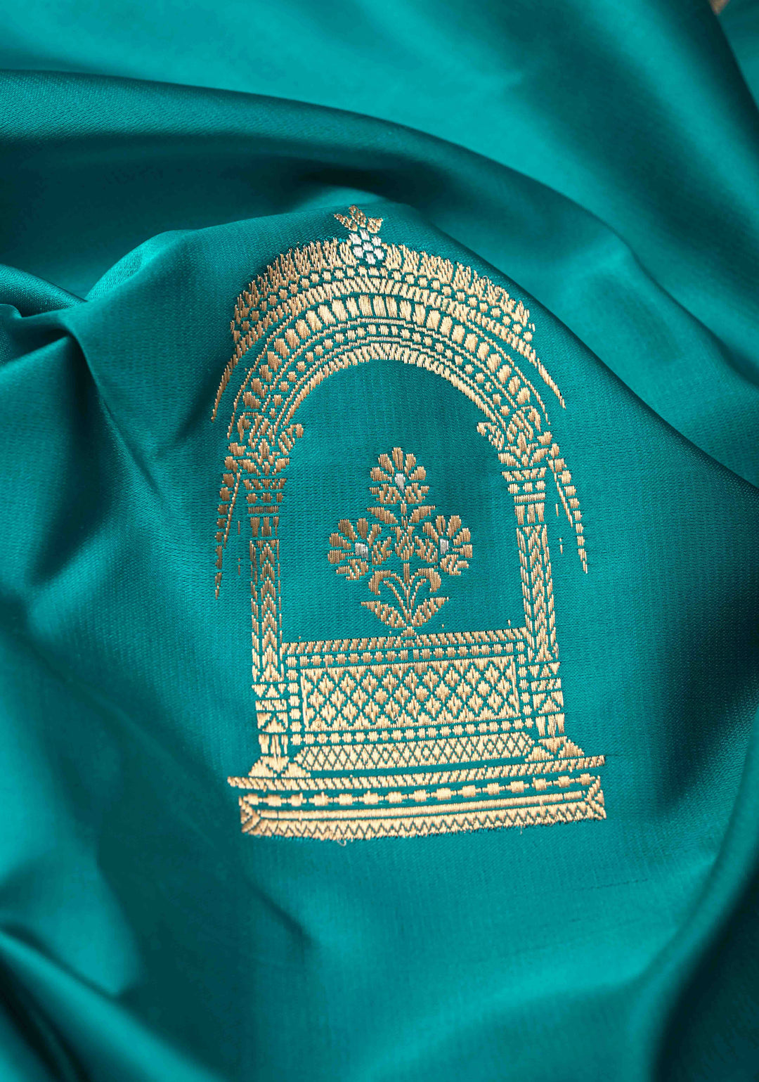 Aqua Blue Banarasi Mashru Silk Saree with Arches Buttas and Minimal Zari Border | SILK MARK CERTIFIED