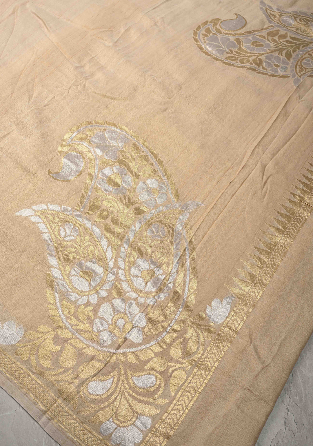 Beige Banarasi Tussar Georgette Saree with Alfi Large Motifs and Temple Zari Border | SILK MARK CERTIFIED