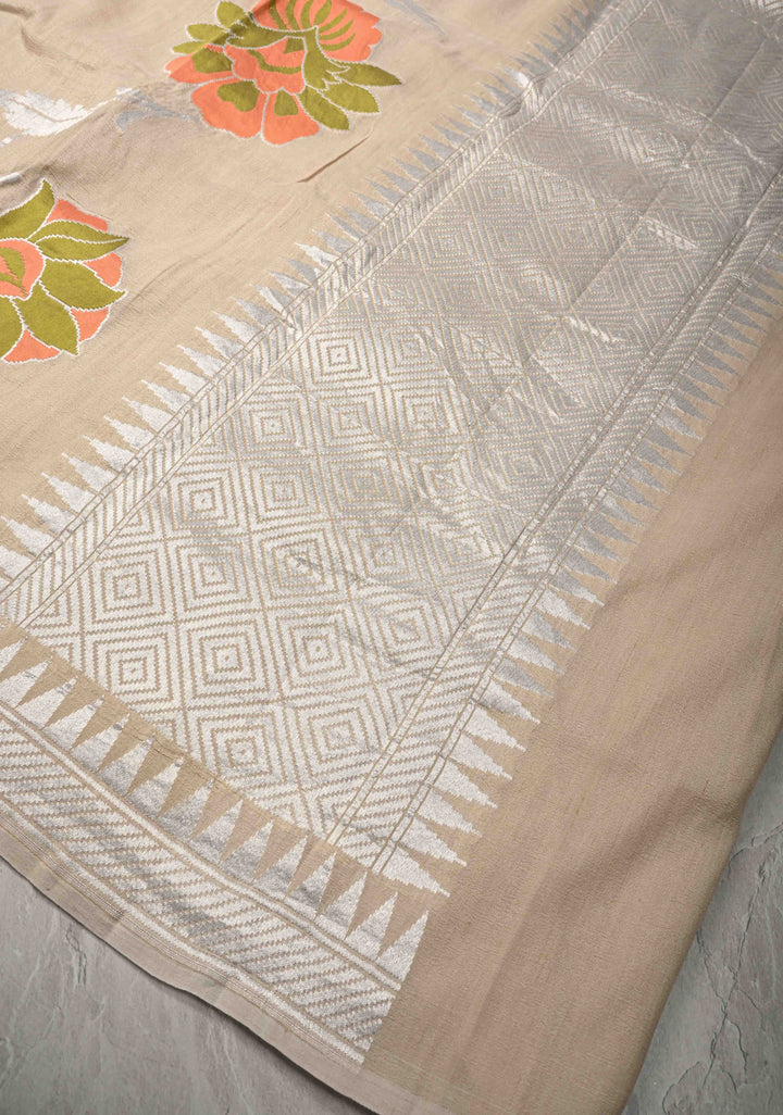 Exquisite Cream Banarasi Tussar Georgette Saree with Meenakari Floral Jaal and Zari Temple Border | SILK MARK CERTIFIED