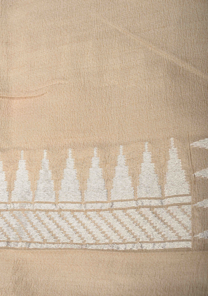 Exquisite Cream Banarasi Tussar Georgette Saree with Meenakari Floral Jaal and Zari Temple Border | SILK MARK CERTIFIED