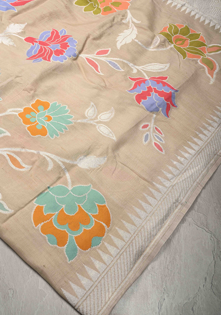 Exquisite Cream Banarasi Tussar Georgette Saree with Meenakari Floral Jaal and Zari Temple Border | SILK MARK CERTIFIED