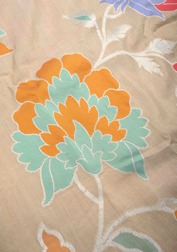 Exquisite Cream Banarasi Tussar Georgette Saree with Meenakari Floral Jaal and Zari Temple Border | SILK MARK CERTIFIED