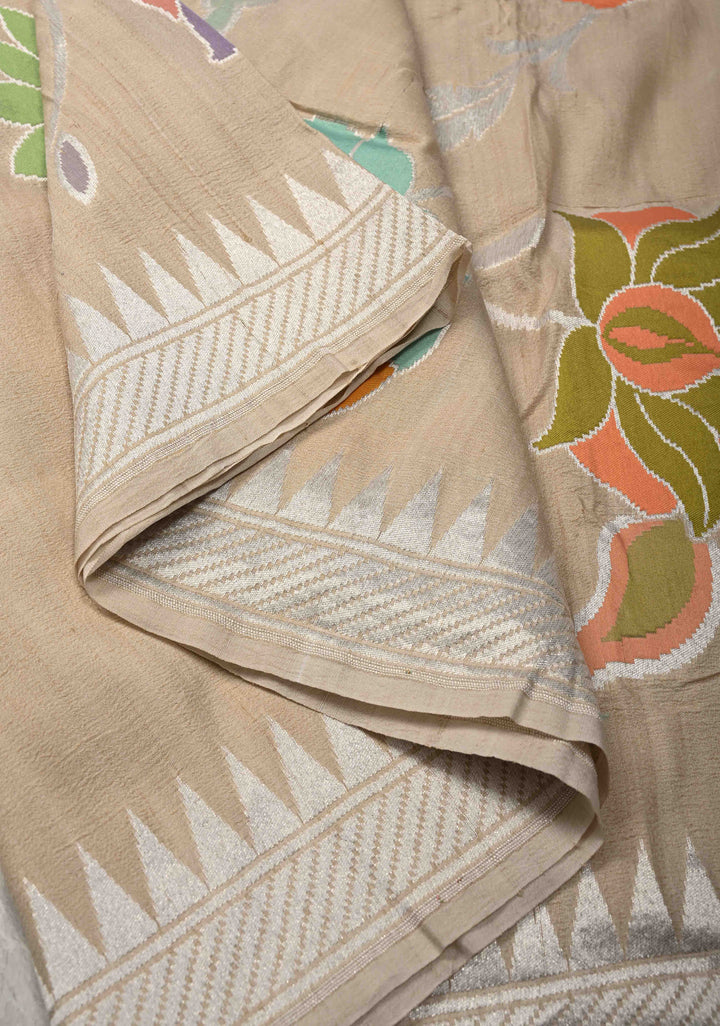 Exquisite Cream Banarasi Tussar Georgette Saree with Meenakari Floral Jaal and Zari Temple Border | SILK MARK CERTIFIED