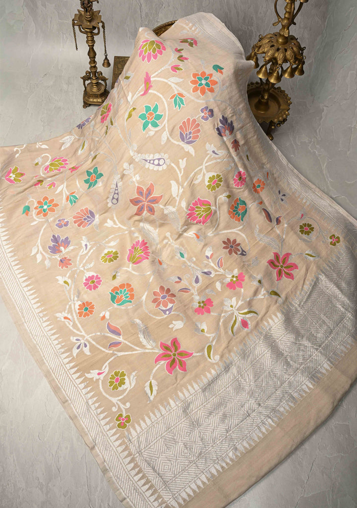 Exquisite Beige Banarasi Tussar Georgette Saree with Meenakari Floral Jaal and Zari Temple Border | SILK MARK CERTIFIED