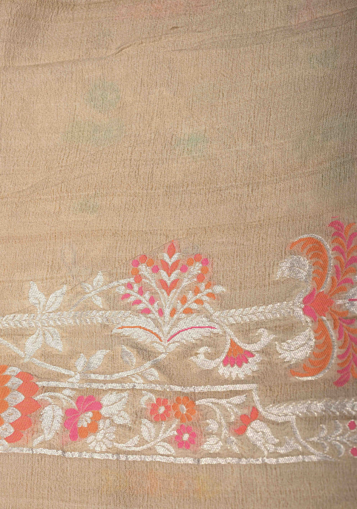 Exquisite Cream Banarasi Tussar Georgette Saree with Meenakari Floral Jaal and Border | SILK MARK CERTIFIED