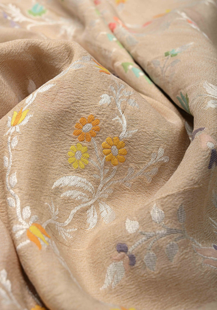 Exquisite Cream Banarasi Tussar Georgette Saree with Meenakari Floral Jaal and Border | SILK MARK CERTIFIED