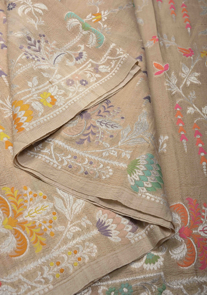 Exquisite Cream Banarasi Tussar Georgette Saree with Meenakari Floral Jaal and Border | SILK MARK CERTIFIED