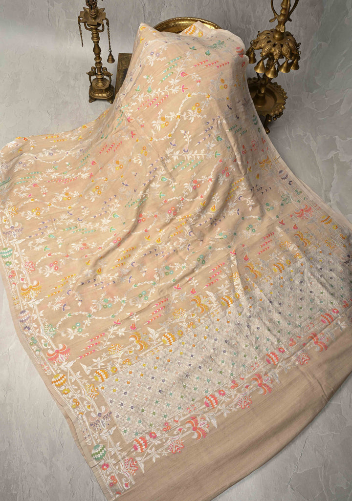 Exquisite Cream Banarasi Tussar Georgette Saree with Meenakari Floral Jaal and Border | SILK MARK CERTIFIED