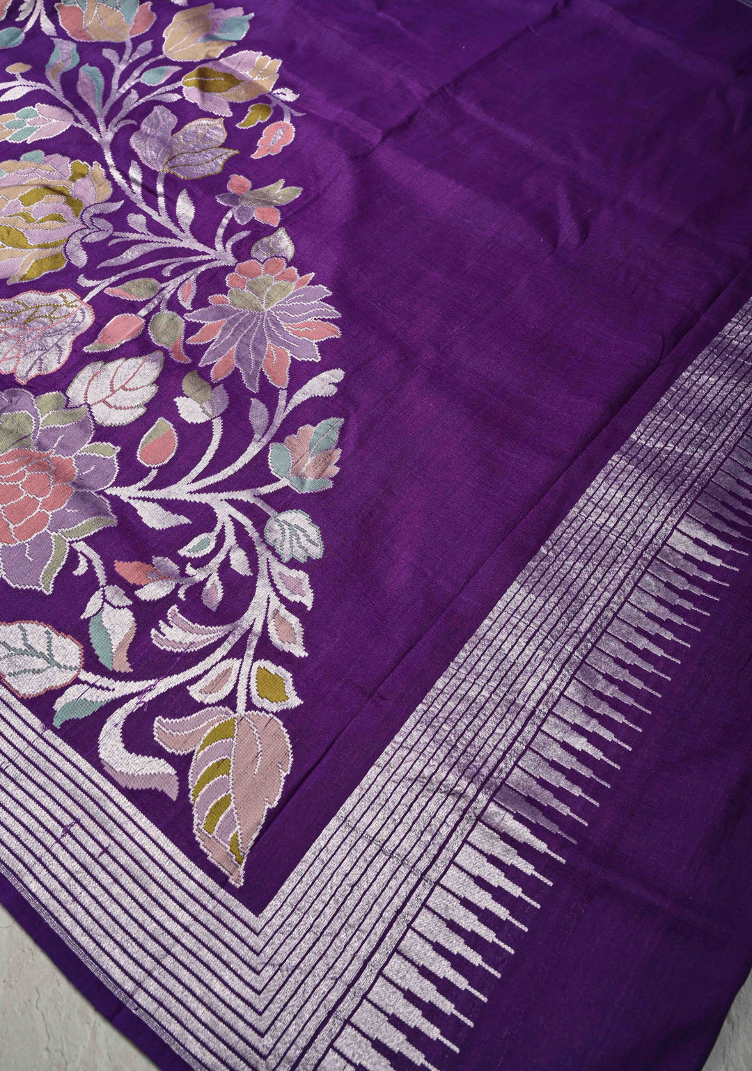 Deep Purple Banarasi Tussar Georgette Saree with Meenakari Floral Jaal and Zari Border | SILK MARK CERTIFIED