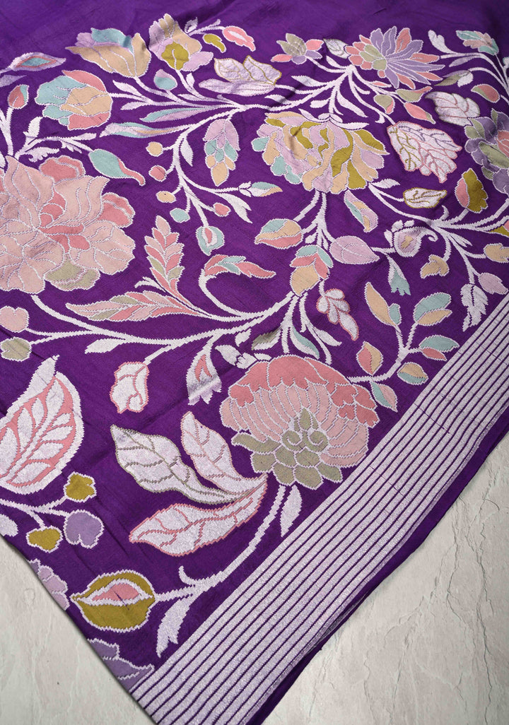 Deep Purple Banarasi Tussar Georgette Saree with Meenakari Floral Jaal and Zari Border | SILK MARK CERTIFIED