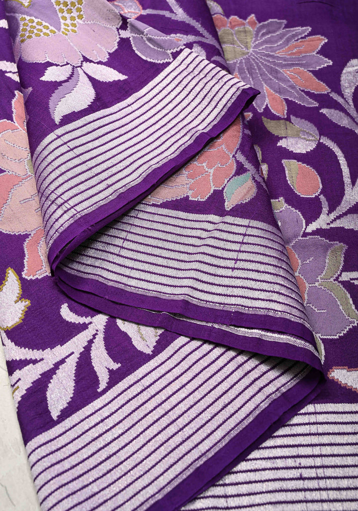 Deep Purple Banarasi Tussar Georgette Saree with Meenakari Floral Jaal and Zari Border | SILK MARK CERTIFIED
