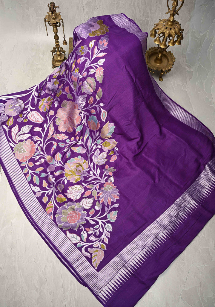 Deep Purple Banarasi Tussar Georgette Saree with Meenakari Floral Jaal and Zari Border | SILK MARK CERTIFIED