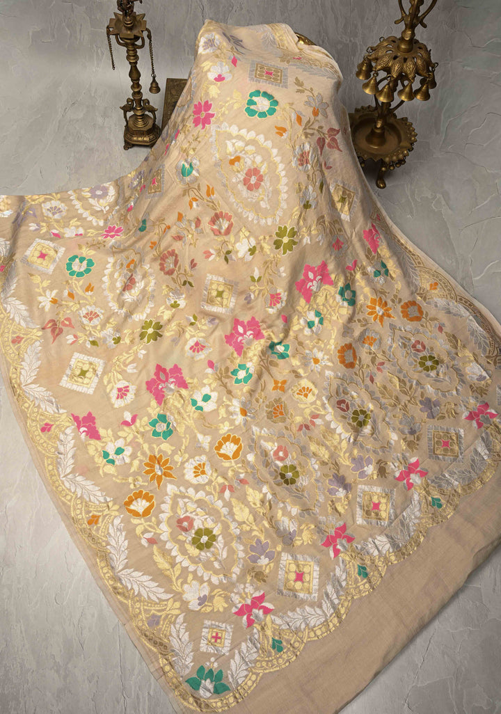 Beige Banarasi Tussar Georgette Saree with Meenakari Floral Jaal and Scallop Zari Border | SILK MARK CERTIFIED