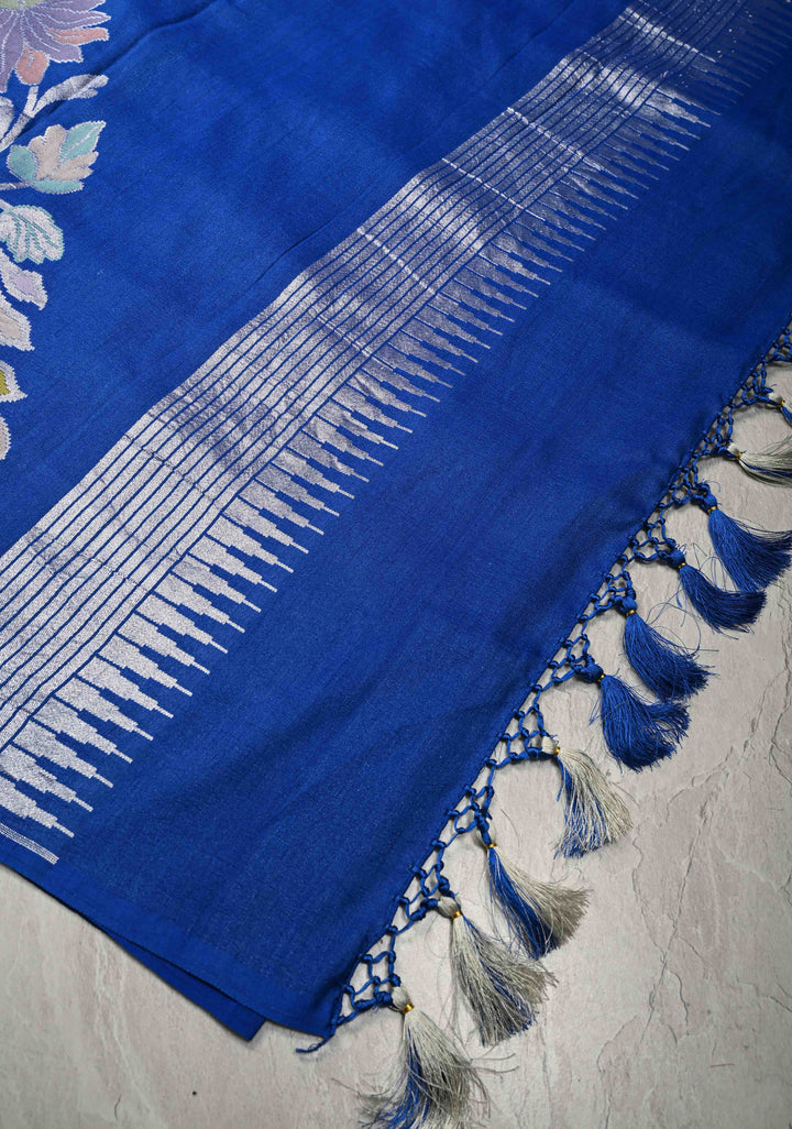 Royal Blue Tussar Georgette Saree with Meenakari Floral Jaal and Temple Zari Border | SILK MARK CERTIFIED (Copy)