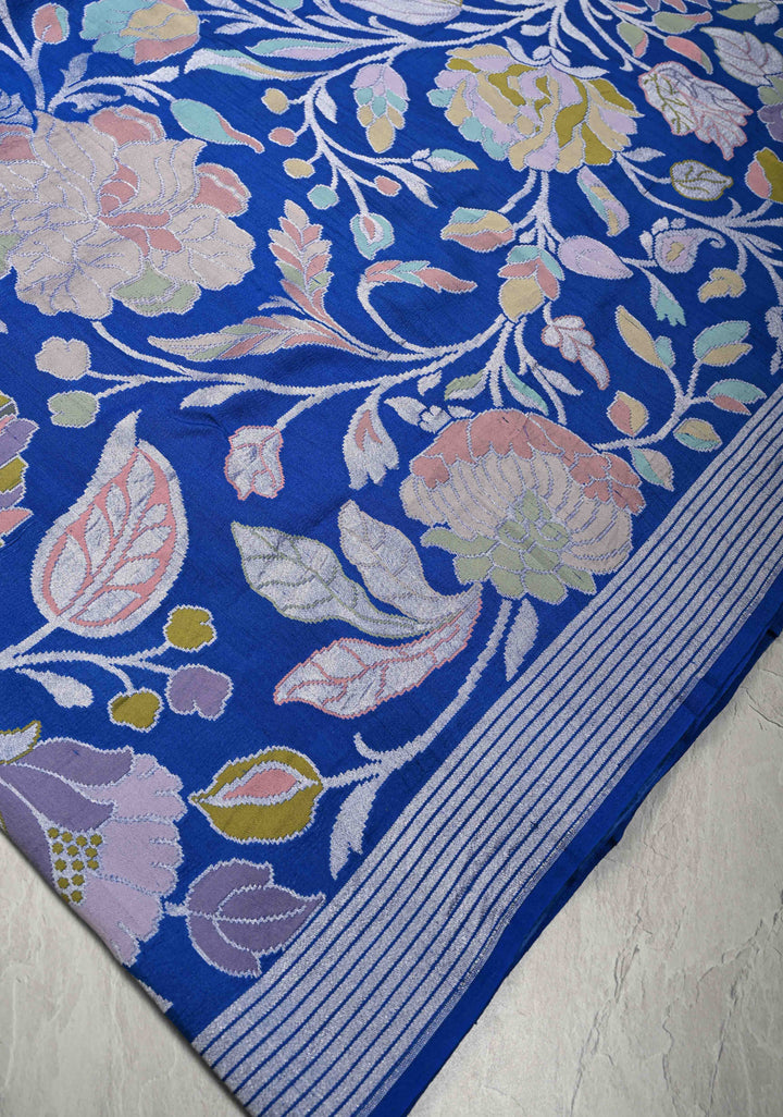 Royal Blue Tussar Georgette Saree with Meenakari Floral Jaal and Temple Zari Border | SILK MARK CERTIFIED (Copy)