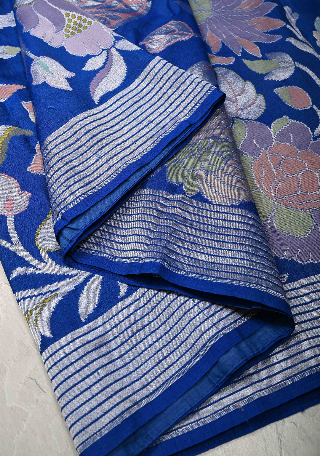 Royal Blue Tussar Georgette Saree with Meenakari Floral Jaal and Temple Zari Border | SILK MARK CERTIFIED (Copy)