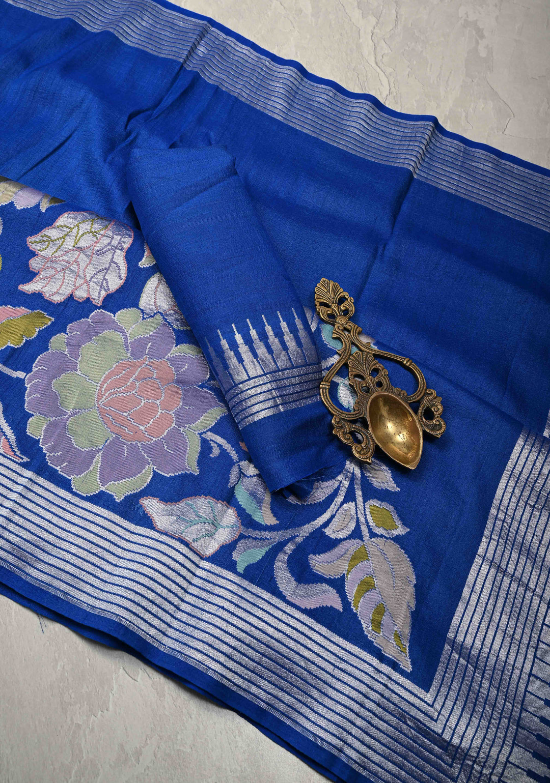 Royal Blue Tussar Georgette Saree with Meenakari Floral Jaal and Temple Zari Border | SILK MARK CERTIFIED (Copy)